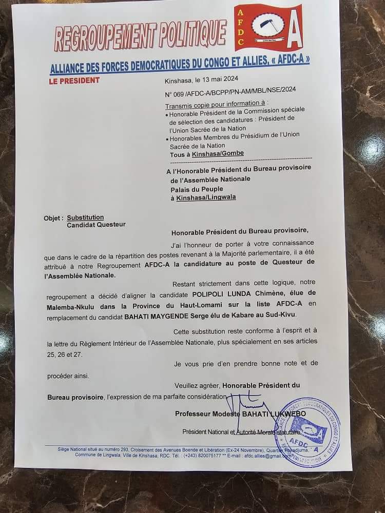 Assemblée nationale : Serge Bahati contesté, Polipoli Lunda Chimène alignée comme candidate à la questure pour le compte de l’AFDC-A